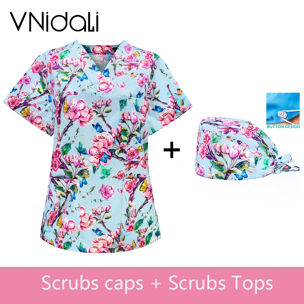 100% cotton tailored V-neck scrub top with three pockets, sizes S–XXL