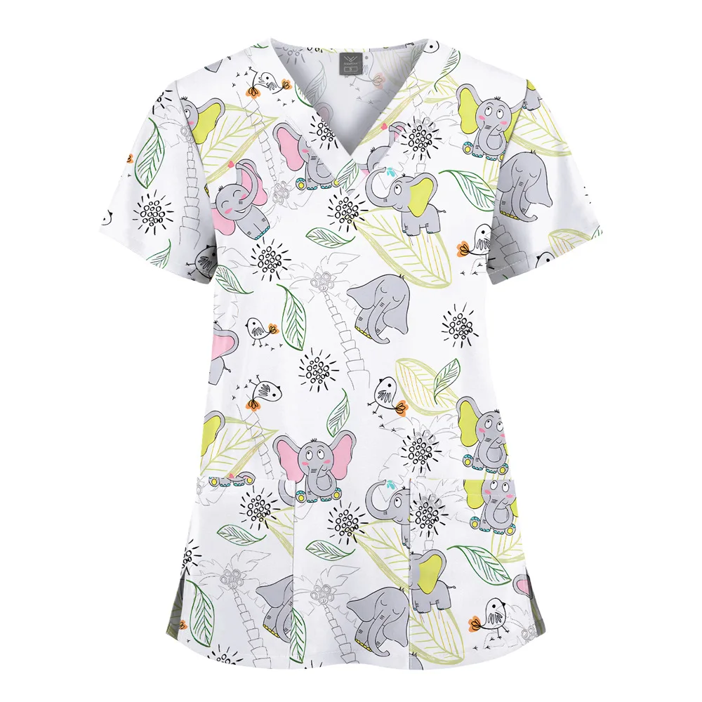 Women's V-Neck Butterfly Print Scrub Top in {print} - front view – view 2
