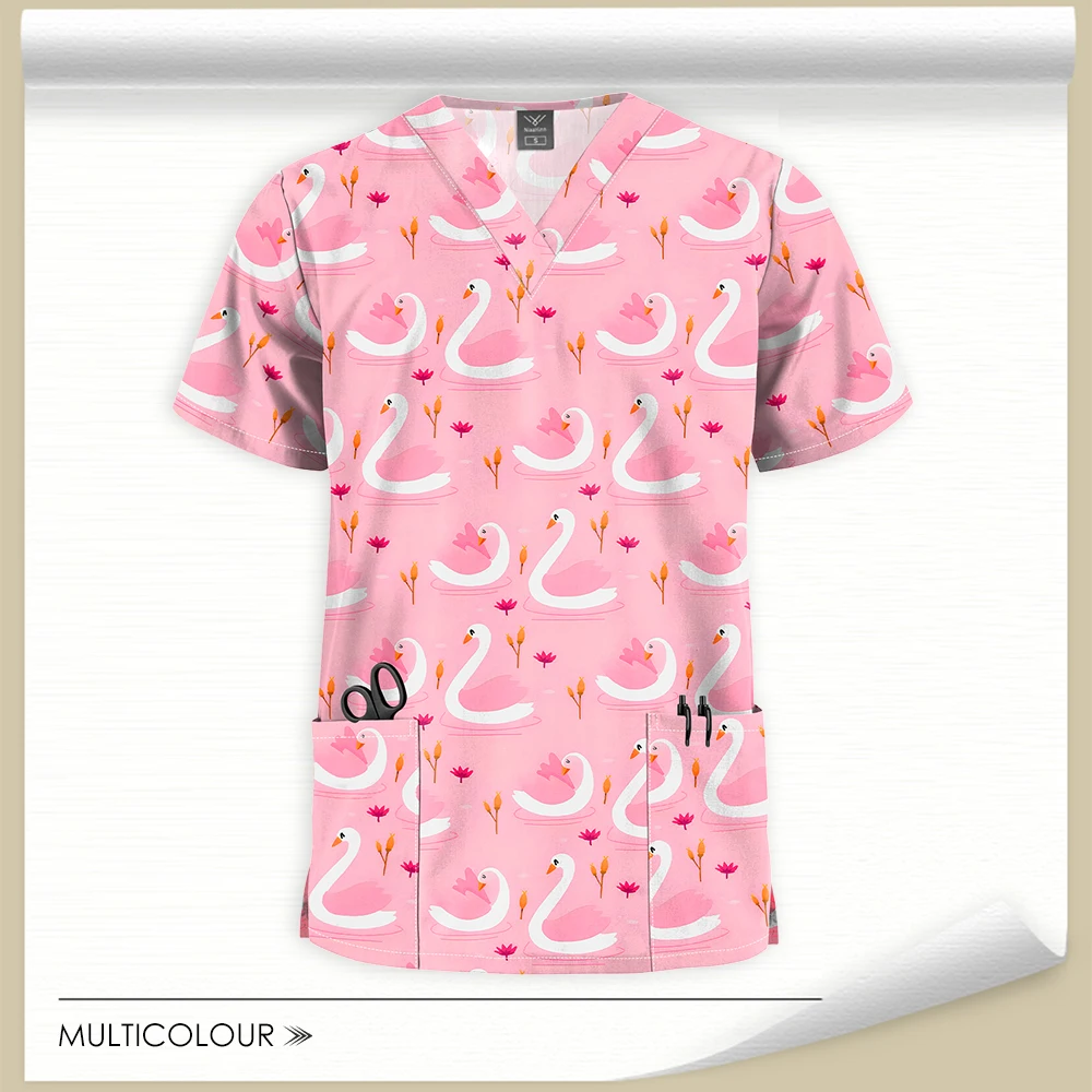 Printed Scrub Top Christmas Cartoon Clothes Shirt Short Sleeve Nursing Tee Medical Uniform Nurse Blouse V-neck Surgical Uniforms