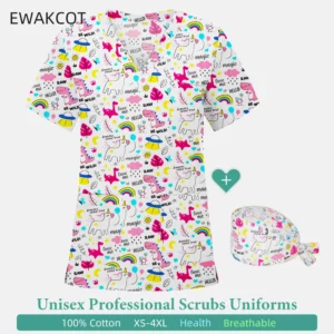 Female's Nurse Tops Unicorn dinosaurs printed pet shop vet dental work uniforms v-neck short sleeve t-shirts medical scrubs tops