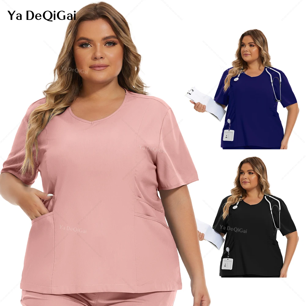 Navy blue women's V‑neck scrub top in XXL, short sleeves, front view showing pockets