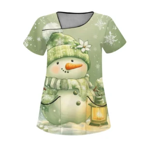 Women's elk-print short-sleeve T-shirt and pocket overalls scrub set - {color} - size {size}