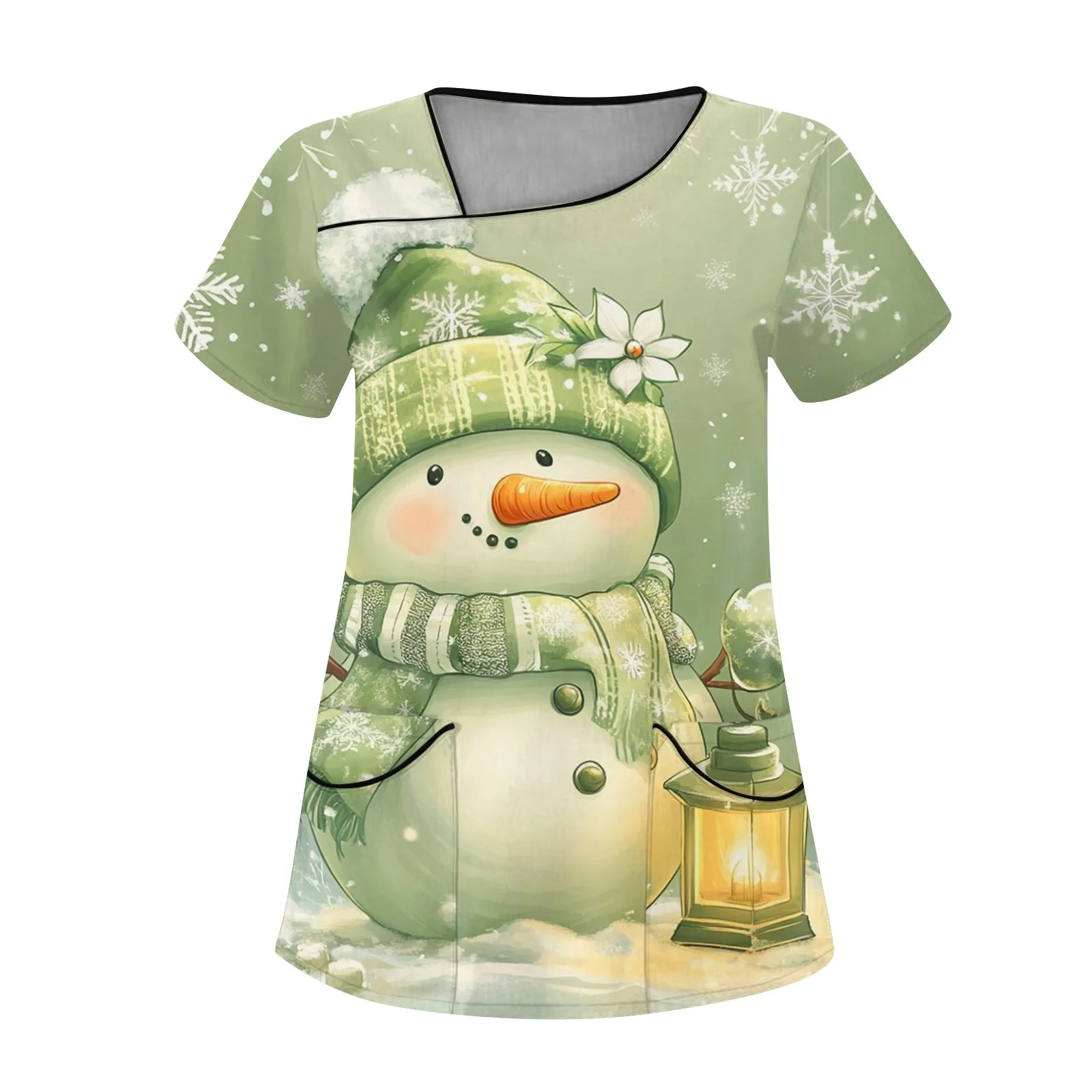 Women's elk-print short-sleeve T-shirt and pocket overalls scrub set - {color} - size {size}