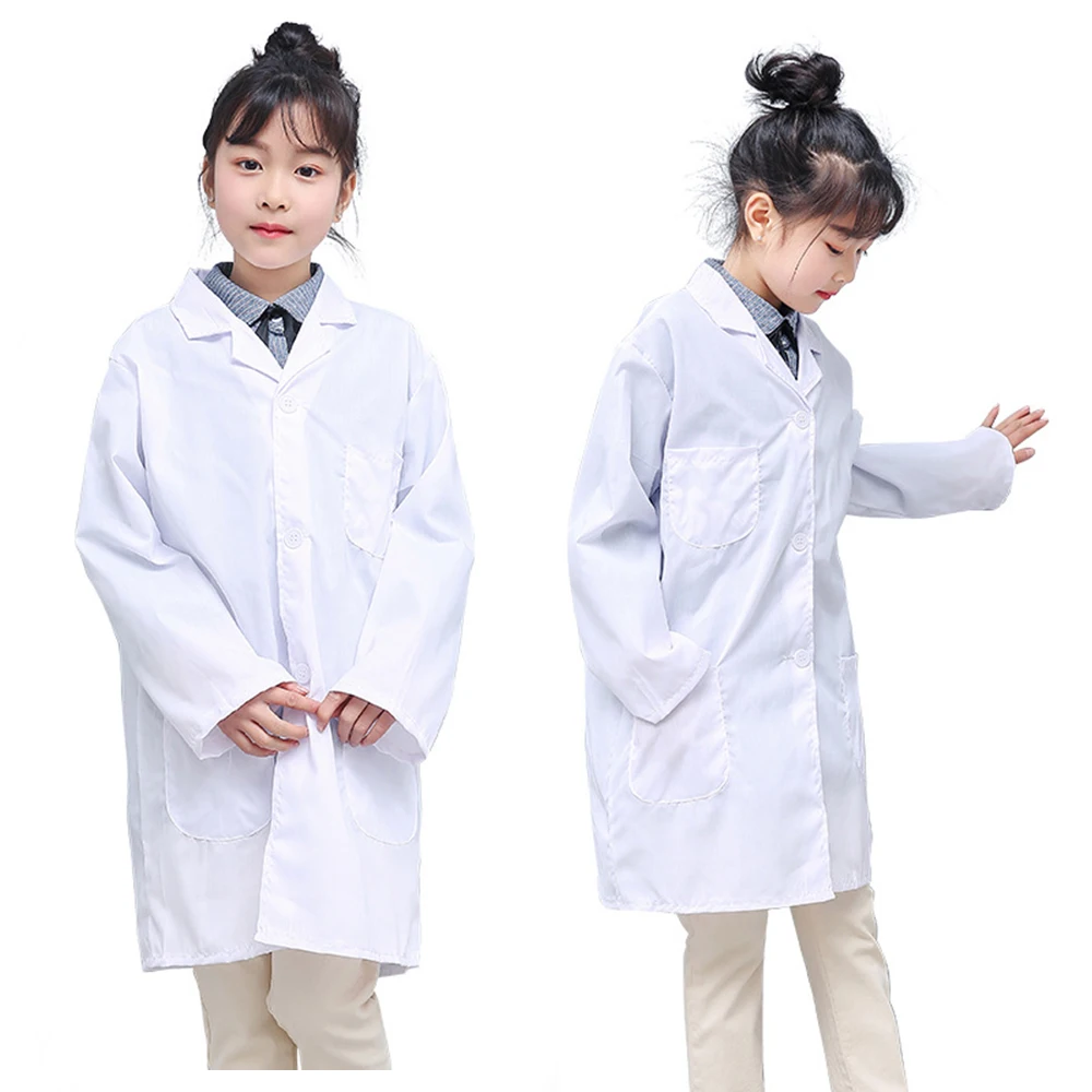 Children's white long-sleeve lab coat with pockets—front view