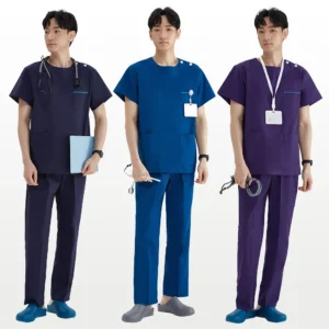 Men's crew-neck scrub set with shoulder-snap closure — front view
