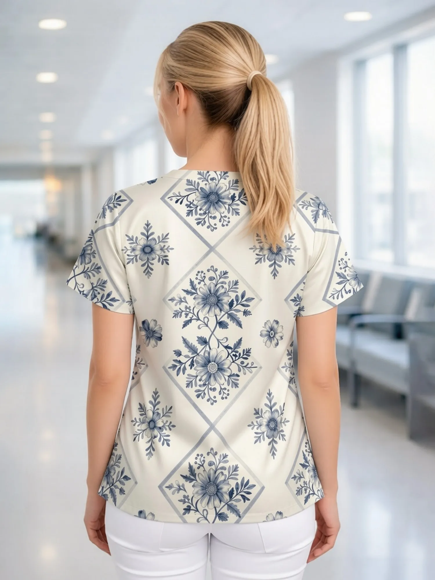 Women's V‑neck short‑sleeve scrub tunic with patch pockets and cute print – view 2