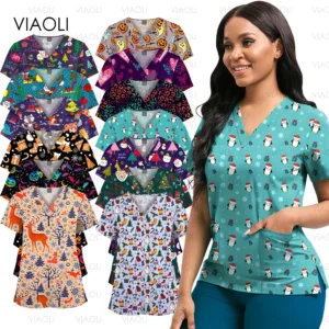 (Only Top) Surgical Uniforms Woman Men 3D Print V Neck Blouse Popular Pockets T-shirt Medical Nurse Uniforms Nursing Scrubs Tops