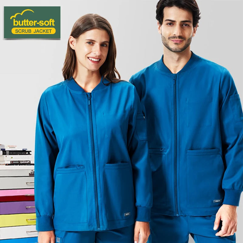 Winnter warm-up scrub jacket — {color} — single-zipper front — 100% polyester