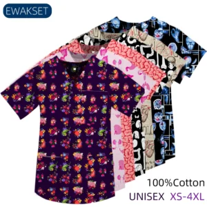New printed medical scrubs uniforms operating room hospital work tops 100% cotton nurse doctor shirts v neck short sleeve unisex