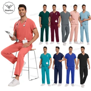 {color} unisex twill scrub set (top and pants), sizes S–XXL