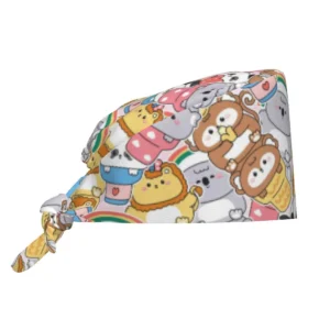Cartoon Animals Collage Nursing Work Cap Surgical Scrub Caps Nurse Medical Cap Koala Bear Work Scrubs Hat for Hospital Pharmacy