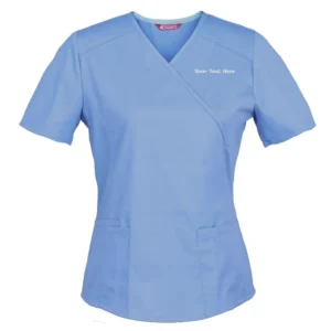 Women's Embroidered Scrub Top Nursing Uniform Blouse Short Sleeve Mock Wrap Styling Personalized with your Text