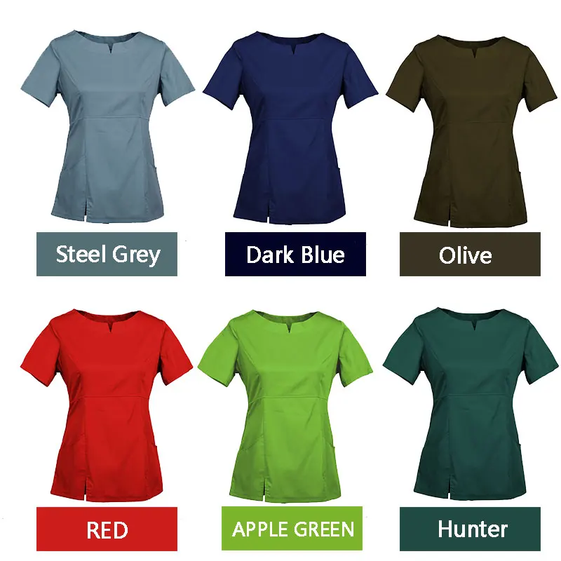 Women's embroidered cotton twill short-sleeve scrub top in {color} with personalized text – view 3